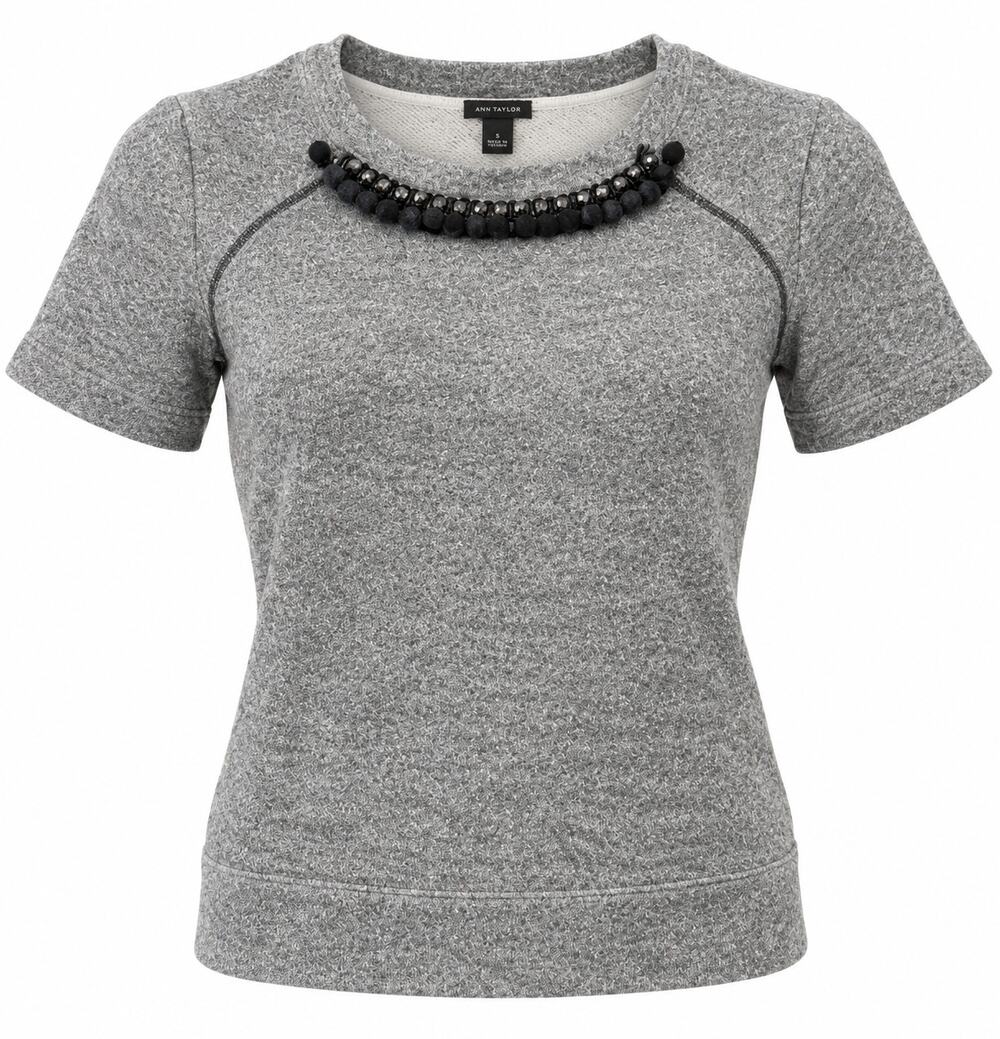 Ann Taylor Gray Embellished Neck Sweatshirt Top Size Small Elevated Classic
